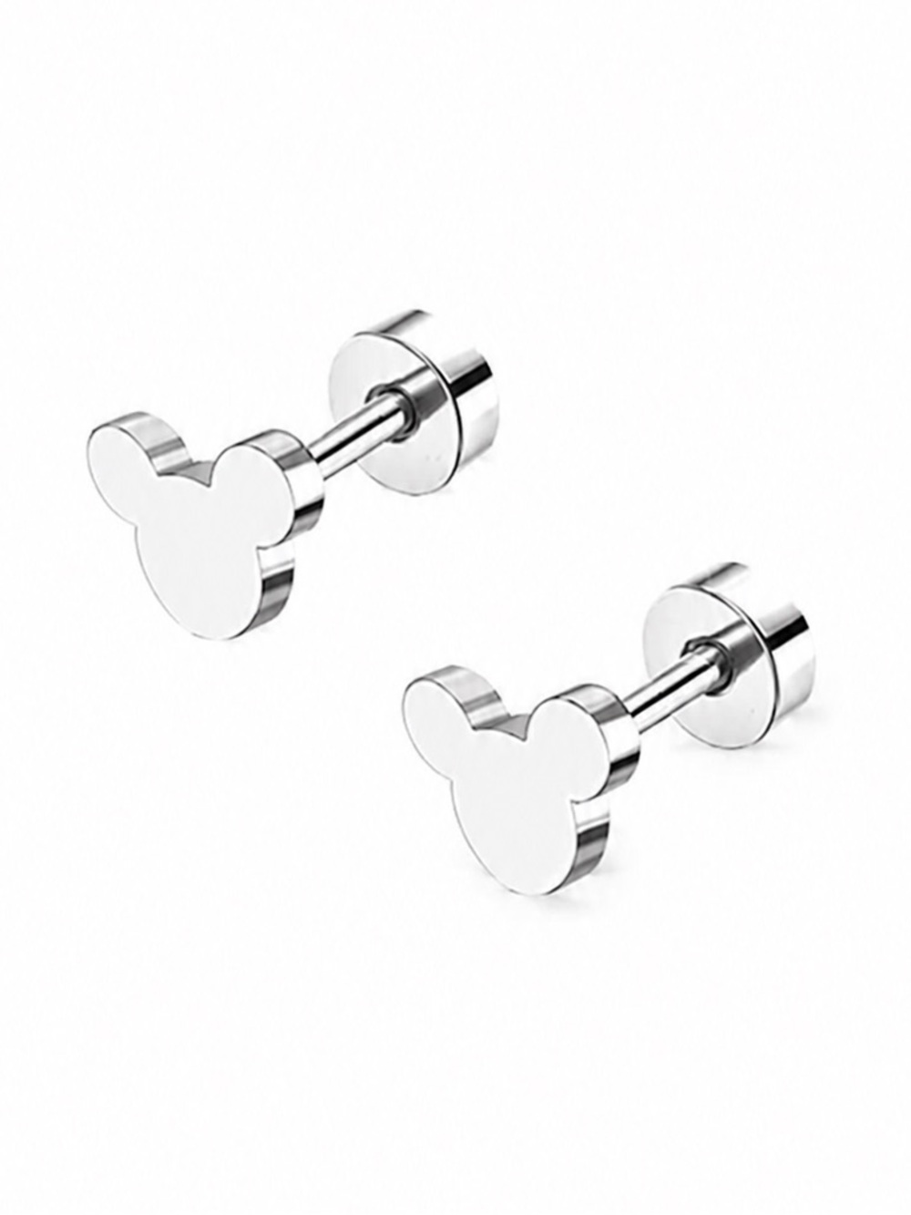 Silver Mouse Head Flat Back Stud Earrings 20G Stainless Steel